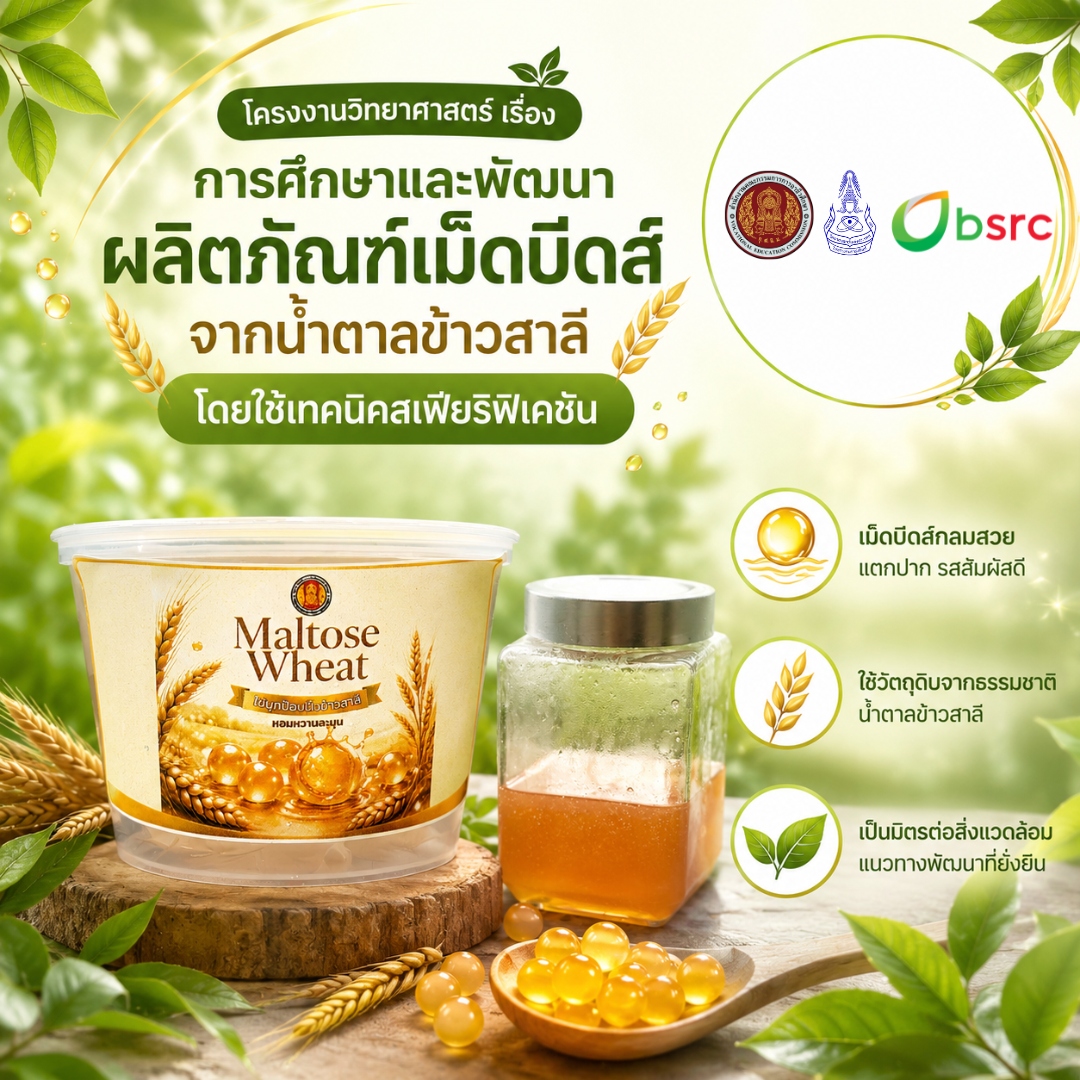 โครงงานวิทยาศาสตร์ การศึกษาและพัฒนาผลิตภัณฑ์เม็ดบีดส์จากน้ำตาลข้าวสาลี โดยใช้เทคนิคสเฟียริฟิเคชัน